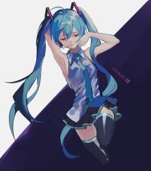 Rule 34 | 1girl, arms up, blue background, blue eyes, blue hair, copyright name, expressionless, grey shirt, half-closed eyes, hand in own hair, hatsune miku, highres, kneeling, long hair, looking away, necktie, p2 (uxjzz), shirt, simple background, skirt, sleeveless, solo, solo focus, thighhighs, very long hair, vocaloid, white background