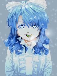 Rule 34 | 1girl, absurdres, blue eyes, blue hair, candy, drill hair, flytolive, food, hair ribbon, highres, lollipop, looking at viewer, mai (touhou), ribbon, shirt, snow, solo, touhou, touhou (pc-98)