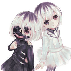 Rule 34 | 2girls, absurdres, bad id, bad pixiv id, black hair, black mask, black skirt, brown eyes, cosplay, dual persona, eyepatch, foreshortening, grey hair, grey jacket, hand up, heterochromia, highres, jacket, kaneki ichika, kaneki ken, kaneki ken (cosplay), long sleeves, looking at viewer, mask, mouth mask, multicolored hair, multiple girls, pantyhose, purple eyes, sasaki haise, sasaki haise (cosplay), simple background, skirt, smile, striped clothes, striped legwear, striped pantyhose, tokyo ghoul, toukaairab, two-tone hair, vertical-striped clothes, vertical-striped pantyhose, white background, white skirt