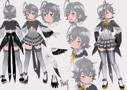 Rule 34 | 1girl, :d, ahoge, black footwear, blush, closed mouth, dress, fkey, gradient legwear, grey dress, grey eyes, grey hair, grey thighhighs, hands on own hips, long sleeves, looking at viewer, medium hair, multiple views, neck ribbon, open mouth, original, personification, ribbon, shoes, signature, simple background, smile, tailcoat, thighhighs, white background, yellow ribbon