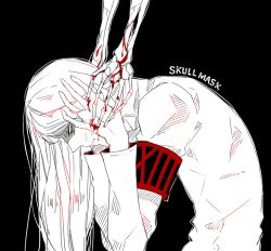 Rule 34 | abara hanbee, armband, awara kayu, black armband, black background, blood, blood on face, bnags, jacket, long hair, male focus, red armband, roman numeral, simple background, solo, tokyo ghoul, tokyo ghoul:re
