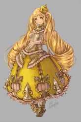 Rule 34 | 1girl, armor, armored dress, bespin, blonde hair, blue eyes, boots, dress, drill hair, earrings, fantasy, gloves, hat, jewelry, long hair, md5 mismatch, original, pointy ears, resolution mismatch, solo, source larger, twin drills, twintails, very long hair, yellow dress