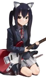 Rule 34 | 1girl, animal ears, black footwear, black hair, blazer, blue jacket, blush, brown eyes, cat ears, closed mouth, commentary, extra ears, grey skirt, guitar, highres, holding, holding instrument, instrument, jacket, k-on!, loafers, logknn, long hair, nakano azusa, neck ribbon, pleated skirt, red ribbon, ribbon, sakuragaoka high school uniform, school uniform, shadow, shirt, shoes, simple background, sitting, skirt, smile, solo, twintails, white background, white shirt