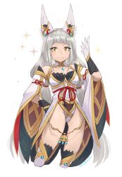 Rule 34 | &gt;:), 1girl, absurdres, animal ear fluff, animal ears, arm up, bare shoulders, breasts, brown eyes, closed mouth, collarbone, commentary, cropped legs, english commentary, gloves, grey hair, highres, kaphrin, leotard, long hair, looking at viewer, medium breasts, nia (blade) (xenoblade), nia (xenoblade), signature, simple background, smile, solo, sparkle, v-shaped eyebrows, very long hair, white background, white gloves, white leotard, xenoblade chronicles (series), xenoblade chronicles 2