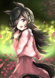 Rule 34 | 1girl, :d, animal ears, beret, black hair, black hat, blush, commentary request, flower, hair over one eye, hand up, hat, highres, horse ears, horse girl, horse tail, jacket, long hair, long sleeves, looking at viewer, looking to the side, open mouth, petals, pink flower, pink jacket, pink rose, pink skirt, purple eyes, raidensan, rice shower (umamusume), rose, skirt, smile, solo, tail, umamusume, very long hair