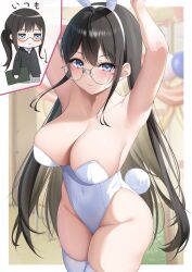 Rule 34 | 1girl, absurdres, animal ears, armpits, arms up, black hair, blue eyes, blurry, blurry background, blush, breasts, cleavage, closed mouth, collarbone, covered navel, fake animal ears, fake tail, glasses, hairband, highleg, highleg leotard, highres, large breasts, leotard, long hair, long sleeves, looking at viewer, nagi aoi, original, playboy bunny, rabbit ears, rabbit tail, tail, thighhighs, thighs, white hairband, white leotard, white thighhighs