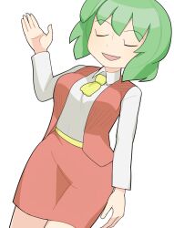 Rule 34 | 1girl, belt, breasts, closed eyes, collared shirt, commentary request, cookie (touhou), dutch angle, green hair, hospital king, kazami yuuka, large breasts, long sleeves, medium bangs, neckerchief, open mouth, red skirt, red vest, redqueen (cookie), shirt, short hair, simple background, skirt, skirt set, smile, solo, touhou, vest, white background, white shirt, yellow belt, yellow neckerchief