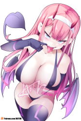 Rule 34 | 1girl, aqua eyes, bat wings, blush, breasts, cleavage, darling in the franxx, demon girl, demon tail, elbow gloves, fangs, finger in own mouth, gloves, heart, heart-shaped pupils, highres, horns, hot vr, large breasts, long hair, looking at viewer, navel, pink hair, simple background, slingshot swimsuit, solo, swimsuit, symbol-shaped pupils, tail, thighhighs, tongue, tongue out, white background, wings, zero two (darling in the franxx)