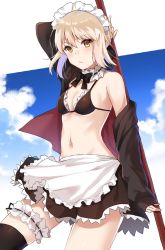 Rule 34 | 1girl, apron, arm up, artoria pendragon (alter swimsuit rider) (fate), artoria pendragon (fate), bikini, black thighhighs, blonde hair, blue sky, cloud, fate/grand order, fate (series), highres, hizuki higure, holding, holding mop, looking at viewer, maid, maid apron, maid bikini, maid headdress, mop, short hair, sky, solo, stomach, swimsuit, thighhighs, unconventional maid, yellow eyes