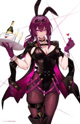 Rule 34 | 1girl, alcohol, alternate costume, animal ears, artist name, asymmetrical gloves, bare arms, black choker, black coat, black leotard, black pantyhose, boots, bottle, breasts, brown footwear, buttons, champagne, champagne bottle, champagne flute, chest strap, choker, cleavage, closed mouth, coat, coat on shoulders, commentary, covered navel, cup, detached collar, drinking glass, english commentary, eyelashes, eyewear on head, fake animal ears, feet out of frame, finger heart, glass, gloves, groin, hair between eyes, hair intakes, hands up, heart, highleg, highleg leotard, highres, holding, holding tray, honkai: star rail, honkai (series), jewelry, kafka (honkai: star rail), knee boots, lapels, large breasts, leotard, letter, lips, long hair, long sleeves, looking at viewer, love letter, mismatched gloves, moddedjoker, mole, mole on breast, mole on thigh, multiple moles, multiple rings, multiple thigh straps, notched lapels, open clothes, open coat, pantyhose, playboy bunny, ponytail, print coat, print gloves, purple eyes, purple gloves, rabbit ears, ring, round eyewear, see-through, see-through legwear, semi-rimless eyewear, shadow, sidelocks, simple background, single boot, single knee boot, skin tight, skindentation, smile, snapping fingers, solo, spider web print, standing, strap, sunglasses, thigh strap, thighs, thread, tinted eyewear, tray, two-sided coat, two-sided fabric, white background, white wrist cuffs, wing collar, wrist cuffs