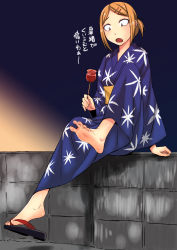 Rule 34 | 10s, 1girl, barefoot, blonde hair, blush, brown eyes, candy apple, dagashi kashi, ear piercing, earrings, endou saya, fang, feet, food, hair ornament, hair up, hairclip, japanese clothes, jewelry, kokuriu, looking down, open mouth, piercing, sandals, sanpaku, shoes, short hair, single sandal, single shoe, sitting, soles, solo, spread toes, toes, translation request