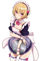Rule 34 | 1girl, apron, blonde hair, blue dress, blush, bow, breasts, cleavage, closed mouth, collarbone, detached collar, dress, frills, hair between eyes, idolmaster, idolmaster shiny colors, looking at viewer, maid, maid headdress, medium breasts, mitsukazu (nijigen complex), puffy short sleeves, puffy sleeves, purple eyes, saijo juri, short hair, short sleeves, simple background, solo, thighs, tray, v-shaped eyebrows, white background, white legwear, wrist cuffs