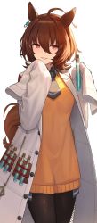 Rule 34 | 1girl, agnes tachyon (umamusume), ahoge, animal ears, ascot, black ascot, black pantyhose, brown hair, buttons, chorefuji, coat, commentary request, cork, cowboy shot, earrings, hair between eyes, highres, holding, horse ears, jewelry, lab coat, long hair, open clothes, open coat, orange eyes, orange sweater, pantyhose, parted lips, simple background, sleeves past fingers, sleeves past wrists, smile, solo, sweater, test tube, umamusume, white background