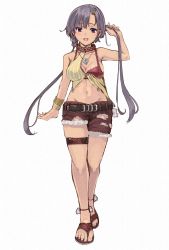 Rule 34 | 10s, 1girl, :d, anklet, asymmetrical clothes, asymmetrical legwear, bad id, bad pixiv id, belt, bra, bracelet, breasts, brown bra, buckle, character request, cleavage, cutoffs, feet, furukawa itsuse, gargantia contest, hair ornament, highres, holding, holding own hair, jewelry, large breasts, long hair, navel, open mouth, original, pendant, purple eyes, purple hair, sandals, shorts, simple background, smile, solo, suisei no gargantia, thigh strap, toenails, toes, twintails, underwear, uneven legwear