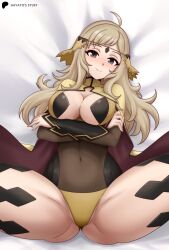 Rule 34 | 1girl, absurdres, ahoge, black bridal gauntlets, blush, bodystocking, breasts, bridal gauntlets, circlet, crossed arms, fire emblem, fire emblem fates, gold cape, grey eyes, hayato stuff, highres, hip armor, large breasts, looking at viewer, lying, nintendo, on back, on bed, ophelia (fire emblem), panties, smile, underwear, yellow panties