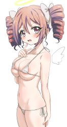 Rule 34 | 1girl, angel, areola slip, bikini, blush, breasts, collarbone, drill hair, female focus, groin, hair ornament, hair ribbon, halo, highres, jashin-chan dropkick, large breasts, looking at viewer, micro bikini, navel, open mouth, pink eyes, pink hair, pino (jashin-chan dropkick), ribbon, short hair, side-tie bikini bottom, simple background, sincos, skindentation, solo, swimsuit, twin drills, twintails, white background
