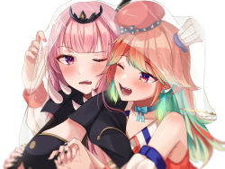 Rule 34 | 2girls, bad id, bad pixiv id, black nails, chef hat, earrings, feather earrings, feathers, green hair, hat, headpiece, highres, hololive, hololive english, jewelry, looking at another, mini hat, moonbell, mori calliope, mori calliope (1st costume), multicolored hair, multiple girls, nail polish, one eye closed, open mouth, orange hair, pink eyes, pink hair, red eyes, takanashi kiara, takanashi kiara (1st costume), teeth, two-tone hair, upper body, virtual youtuber