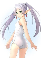 Rule 34 | 1girl, ass, blush, earrings, elf, feet out of frame, frieren, green eyes, highres, jewelry, long hair, looking back, old school swimsuit, open mouth, pointy ears, school swimsuit, shibacha, solo, sousou no frieren, swimsuit, thighs, twintails, white hair