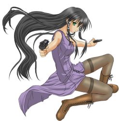 Rule 34 | 00s, 1girl, artist request, black hair, black pantyhose, boots, cross-laced footwear, dual wielding, female focus, from side, green eyes, gun, hair tubes, handgun, holding, lace-up boots, long hair, looking at viewer, mahou sensei negima!, pantyhose, pistol, semi-automatic firearm, sidelocks, simple background, solo, tatsumiya mana, thighband pantyhose, very long hair, weapon, white background