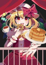 Rule 34 | 1girl, :d, adapted costume, blonde hair, blush, bow, butter, buttons, candy, center frills, commentary request, cookie, crystal, cup, dot nose, eyelashes, fangs, fingernails, flandre scarlet, flat chest, food, frilled shirt collar, frills, hat, hat bow, hat ribbon, highres, holding, holding cookie, holding food, ichigo mogu 15, looking at viewer, mob cap, one side up, open mouth, outstretched arm, pancake, plate, puffy short sleeves, puffy sleeves, railing, red bow, red curtains, red eyes, red ribbon, ribbon, short hair, short sleeves, side ponytail, smile, solo, standing, syrup, tea, teacup, touhou, upper body, white hat, wings, wrist cuffs