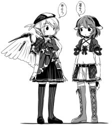 Rule 34 | 2girls, animal ears, belt, bird ears, bird wings, blush, boots, choujuu gigaku, cross-laced footwear, dog ears, dog tail, dress, feathered wings, fingerless gloves, gloves, greyscale, hat, kasodani kyouko, lace-up boots, monochrome, multiple girls, mystia lorelei, parted lips, pleated skirt, shoes, short hair, short sleeves, simple background, skirt, standing, tail, thigh boots, thighhighs, thought bubble, touhou, translation request, white background, wings, yudepii