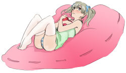 Rule 34 | 00s, 1girl, bare shoulders, bean bag chair, bed, blush, box, camisole, colorized, crossed arms, green eyes, heart, heart-shaped box, heart-shaped pupils, highres, holding, holding box, knees apart feet together, light brown hair, lying, maka albarn, no shoes, on back, panties, pillow, ribbon, scrunchie, solo, soul eater, striped clothes, striped panties, symbol-shaped pupils, thighhighs, twintails, underwear, white background, white thighhighs
