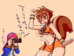 Rule 34 | 2girls, animal ears, antenna hair, arc system works, bad id, bad pixiv id, bare shoulders, blazblue, blazblue: continuum shift, blush, bouncing breasts, breasts, brown eyes, brown hair, camera, clenched hand, crop top, female focus, halterneck, long hair, makoto nanaya, medium breasts, midriff, miniskirt, multicolored hair, multiple girls, navel, orange skirt, red hair, revealing clothes, school uniform, shima p (jojo), short hair, simple background, skirt, squirrel ears, squirrel tail, strapless, tail, tears, text focus, translated, tsubaki yayoi, tube top, underboob