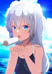 Rule 34 | 1girl, blue eyes, blue hair, blue one-piece swimsuit, breasts, eating, food, gochuumon wa usagi desu ka?, hair ornament, highres, kafuu chino, licking, light blue hair, long hair, looking at viewer, melting, one-piece swimsuit, open mouth, poka poka neko, popsicle, popsicle stick, saliva, saliva trail, school swimsuit, small breasts, solo, straight hair, suggestive fluid, swimsuit, tongue, tongue out, twitter username, upper body, very long hair, x hair ornament