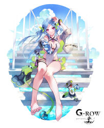 1girl aqua_hair barefoot blue_sky closed_mouth cloud commentary_request da-kuro day feet floating_hair full_body grantepieu_(phantom_of_the_kill) grey_sandals hand_on_own_head highres jacket long_hair looking_at_viewer official_alternate_costume official_art one-piece_swimsuit outdoors parted_bangs phantom_of_the_kill purple_eyes sandals second-party_source sidelocks sitting sky smile solo stairs swimsuit thigh_strap toes white_jacket white_one-piece_swimsuit