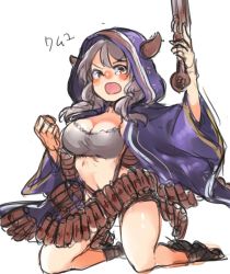 Rule 34 | &gt;:o, 10s, 1girl, :o, ammunition belt, bad id, bad pixiv id, bandeau, bandolier, blush, breasts, brown eyes, character name, cleavage, draph, female focus, full body, granblue fantasy, grey hair, gun, handgun, holding, holding gun, holding weapon, hood, horns, kino (a kino), kneeling, kumuyu, large breasts, long hair, long sleeves, looking at viewer, low twintails, navel, open mouth, revolver, simple background, sketch, solo, strapless, tears, translation request, trigger discipline, tube top, twintails, v-shaped eyebrows, weapon, white background, wide sleeves
