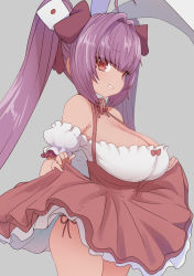 Rule 34 | 1girl, animal ears, bare shoulders, blush, bow, breasts, choker, cleavage, clothes lift, collarbone, di gi charat, dice, grey background, grin, hair bow, highres, large breasts, long hair, open mouth, panties, purple hair, rabbit ears, red eyes, red skirt, ribbon, shirt, short sleeves, side-tie panties, side-tie peek, simple background, skirt, skirt lift, smile, solo, sumiyao (amam), thighs, twintails, underwear, usada hikaru, white shirt