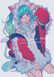 Rule 34 | 1girl, :p, absurdres, akiyama enma, animal ears, aqua hair, arm up, bandaid, bandaid on face, bandaid on nose, boots, bow, cat ears, cat tail, dress, frills, gradient hair, green hair, hairband, hand on lap, highres, jacket, letterman jacket, lolita hairband, looking to the side, multicolored hair, nail polish, off shoulder, original, red eyes, red nails, ribbon, sitting, smile, solo, tail, tongue, tongue out, wariza