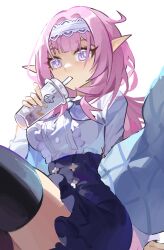 Rule 34 | 1girl, absurdres, black skirt, black thighhighs, casual, closed mouth, cup, drinking straw, drinking straw in mouth, elf, elysia (coco) (honkai impact), elysia (honkai impact), frilled shirt, frilled skirt, frills, highres, holding, holding cup, honkai (series), honkai impact 3rd, long hair, long sleeves, looking at viewer, pink eyes, pink hair, pointy ears, ponytail, shirt, simple background, skirt, solo, thighhighs, white background, white shirt, xinliu asato