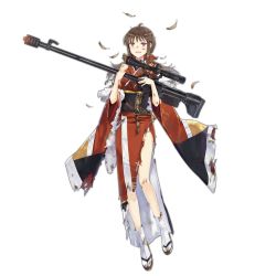 Rule 34 | 1girl, anti-materiel rifle, belt, belt buckle, bolt-action rifle, bolt action, brown hair, buckle, bullpup, damaged, dirty, dirty face, dress, falcon (girls&#039; frontline), falcon (with you) (girls&#039; frontline), feathers, full body, girls&#039; frontline, gun, hao (patinnko), holding, holding gun, holding weapon, hurt, japanese clothes, kimono, long hair, long sleeves, looking at viewer, muzzle device, official alternate costume, official art, open mouth, red eyes, rifle, scope, sidelocks, sniper rifle, socks, solo, standing, torn clothes, torn dress, transparent background, weapon, white socks, wide sleeves, zvi falcon