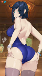 Rule 34 | 1girl, aqua eyes, ass, backless swimsuit, bare arms, bare shoulders, blue hair, blue one-piece swimsuit, blunt bangs, breasts, cowboy shot, damobelmont, genshin impact, grey thighhighs, highres, indoors, large breasts, looking at viewer, one-piece swimsuit, short hair, smile, solo, standing, swimsuit, thighhighs, thighs, twitter logo, yelan (genshin impact)