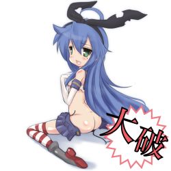 Rule 34 | 1girl, ahoge, ass, bad id, bad pixiv id, bare shoulders, black panties, blue hair, blush, butt crack, cosplay, crossover, elbow gloves, gloves, green hair, hair ribbon, izumi konata, kantai collection, long hair, looking at viewer, lucky star, mizushima (p201112), mole, mole under eye, panties, ribbon, shimakaze (kancolle), shimakaze (kancolle) (cosplay), simple background, sitting, skirt, solo, striped clothes, striped thighhighs, tareme, thighhighs, translated, underwear, unfastened, very long hair, wariza