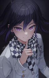 Rule 34 | 1boy, absurdres, aendi en d endei, black background, black hair, buttons, checkered clothes, checkered scarf, danganronpa (series), danganronpa v3: killing harmony, double-breasted, flipped hair, gradient background, grey jacket, hair between eyes, hand up, highres, index finger raised, jacket, long sleeves, male focus, multicolored hair, oma kokichi, pink eyes, purple hair, scarf, signature, smile, solo, two-tone hair