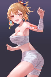 Rule 34 | 1girl, :d, absurdres, bandages, bare shoulders, blonde hair, breasts, chest sarashi, chest tattoo, cleavage, commentary, cowboy shot, genshin impact, gradient background, highres, large breasts, looking at viewer, midriff, noomaru (nomorepeople), open mouth, ponytail, purple background, sarashi, short hair, shoulder tattoo, smile, solo, standing, strapless, tattoo, thighs, tube top, wrist wrap, yellow eyes, yoimiya (genshin impact)