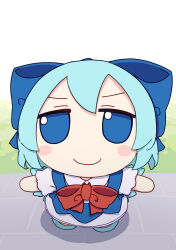 Rule 34 | 1girl, absurdres, blue bow, blue dress, blue eyes, blue footwear, blue hair, blush stickers, bow, cirno, closed mouth, collared shirt, dress, fairy, full body, fumo (doll), hair bow, highres, ice, ice wings, kame (kamepan44231), shirt, shoes, short hair, short sleeves, smile, solo, touhou, white shirt, wings