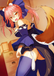 Rule 34 | 1girl, absurdres, animal ear fluff, animal ears, artist request, blue bow, blue kimono, blue ribbon, blue thighhighs, blush, bow, breasts, fang, fate/extella, fate/extra, fate/extra ccc, fate/grand order, fate (series), fox ears, fox girl, fox tail, hair ribbon, highres, indoors, japanese clothes, kimono, large breasts, looking at viewer, looking back, open mouth, over-kneehighs, pelvic curtain, pink hair, ribbon, solo, split ponytail, tail, tamamo (fate), tamamo no mae (fate/extra), thighhighs, yellow eyes