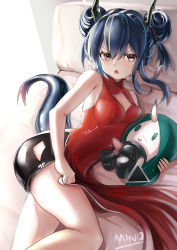 Rule 34 | 1girl, :o, arknights, artist name, bare arms, bare shoulders, bike shorts, black shorts, blue hair, breasts, brown eyes, ch&#039;en (ageless afterglow) (arknights), ch&#039;en (arknights), character doll, china dress, chinese clothes, chinese commentary, commentary request, double bun, dragon horns, dragon tail, dress, feet out of frame, hair between eyes, hair bun, highres, horns, hoshiguma (arknights), long hair, looking at viewer, lying, minoominoomi, official alternate costume, on side, open mouth, partial commentary, red dress, short shorts, shorts, sleeveless, sleeveless dress, small breasts, solo, tail, thighs, very long hair