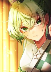 Rule 34 | 1girl, absurdres, alternate costume, blurry, blurry background, closed mouth, commentary request, green eyes, green hair, hat, highres, japanese clothes, kimono, looking at viewer, short hair, soga no tojiko, solo, takana (forsterite), touhou, upper body