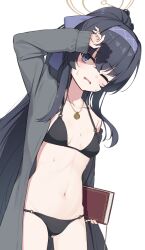 Rule 34 | 1girl, bags under eyes, bikini, black bikini, black hair, blue archive, blue eyes, blue hairband, blush, book, breasts, cardigan, cowboy shot, grey cardigan, hairband, halo, highres, holding, holding book, jewelry, long hair, miso (misomiso 154), navel, necklace, official alternate costume, one eye closed, open cardigan, open clothes, parted lips, ponytail, simple background, small breasts, solo, sweat, swimsuit, ui (blue archive), ui (swimsuit) (blue archive), very long hair, wavy mouth, white background