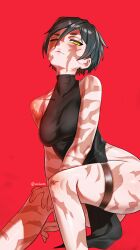 1girl absurdres ass black_dress black_hair bleach breasts closed_mouth cosplay dress highres jujutsu_kaisen kuchiki_rukia medium_breasts red_background scar scars_all_over short_hair side_slit simple_background solo thigh_strap too_many very_short_hair waligner yellow_eyes zen&#039;in_maki zen&#039;in_maki_(cosplay)