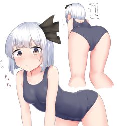 Rule 34 | 1girl, all fours, ass, black bow, black hairband, blue one-piece swimsuit, blush, bob cut, bow, bow hairband, breasts, collarbone, commentary, flying sweatdrops, full-face blush, hairband, heart, highres, konpaku youmu, medium hair, one-piece swimsuit, orange eyes, simple background, small breasts, solo, speech bubble, sweatdrop, swimsuit, thighs, touhou, translated, white background, white hair, youmu-kun