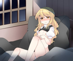 Rule 34 | 1girl, bad id, bad pixiv id, bare legs, blonde hair, blush, breasts, breasts out, clothes lift, female focus, flat chest, hammer (sunset beach), kirisame marisa, long hair, night, nipples, no headwear, no headwear, no pants, panties, puffy sleeves, shirt lift, short sleeves, solo, thighs, touhou, underwear, white panties, window, yellow eyes