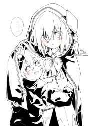 Rule 34 | ..., 1boy, 1girl, :d, absurdres, aged down, ars almal, blush, book, cloak, collared shirt, commentary request, detached sleeves, ex albio, eye contact, eyes visible through hair, greyscale, hair between eyes, hair over one eye, highres, hood, hood up, hooded cloak, long sleeves, looking at another, monochrome, nijisanji, hugging object, open mouth, parted lips, puffy long sleeves, puffy sleeves, see-through, see-through sleeves, shared cape, shared clothes, shirt, signature, simple background, sleeves past wrists, smile, sofra, spoken ellipsis, spot color, twitter username, upper body, virtual youtuber, white background