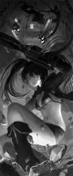 Rule 34 | 10s, 2girls, black rock shooter, black rock shooter (character), boots, bra, closed mouth, dead master, female focus, gun, highres, long hair, looking at viewer, midriff, monochrome, multiple girls, navel, phonic, scythe, shorts, skull, solo focus, twintails, underwear, weapon
