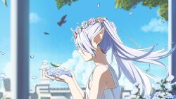 Rule 34 | 1girl, absurdres, bare shoulders, bird, blurry, blurry background, closed mouth, commentary, dress, earrings, elf, falling petals, flower, frieren, head wreath, highres, jewelry, own hands together, petals, pointy ears, ppchen, solo, sousou no frieren, sundress, twintails, white dress, white hair, wind