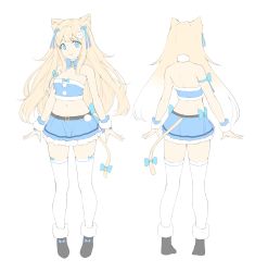 Rule 34 | 1girl, absurdres, animal ear fluff, animal ears, arm ribbon, back, bandeau, bare shoulders, bell, belt, blonde hair, blue eyes, blue ribbon, blue skirt, boots, bow, bowtie, breasts, cat ears, cat girl, cat hair ornament, cat tail, cleavage, crop top, from behind, full body, hair ornament, highres, jingle bell, long hair, looking at viewer, medium breasts, midriff, miniskirt, multiple views, navel, nyum, original, ribbon, skirt, smile, standing, stomach, tail, tail bow, tail ornament, thighhighs, white thighhighs, wrist cuffs, zettai ryouiki